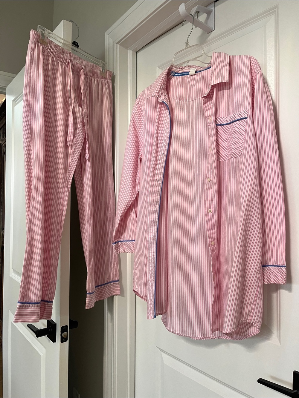 Women’s pink pinstripe Pajama Set.  top is size large, bottom is extra small